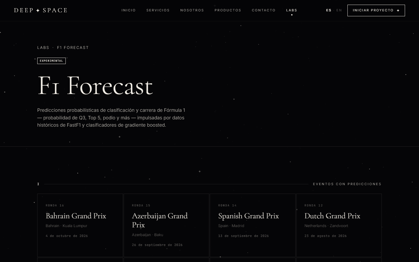 The F1 Forecast index on deepspace.com.mx, listing 2026 events with predictions.