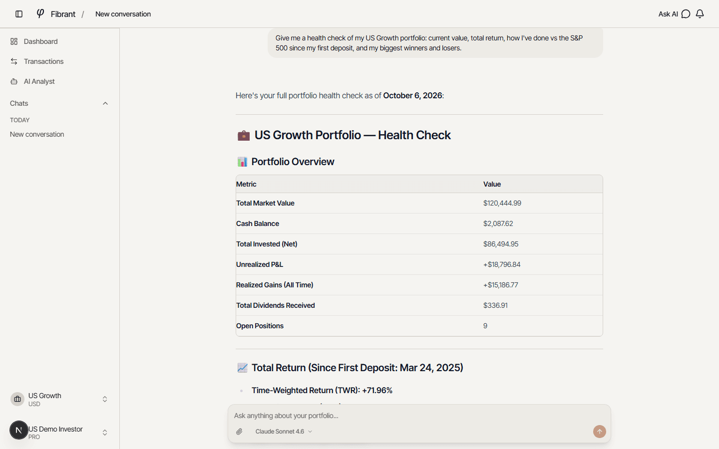 A Fibrant AI analyst conversation: a request for a health check of the US Growth portfolio, answered with a table of market value, cash, invested capital, gains, dividends and open positions.